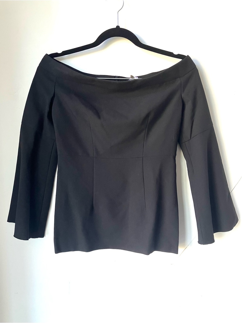 Iris & Ink Off-Shoulder Black Blouse with Flared Sleeves